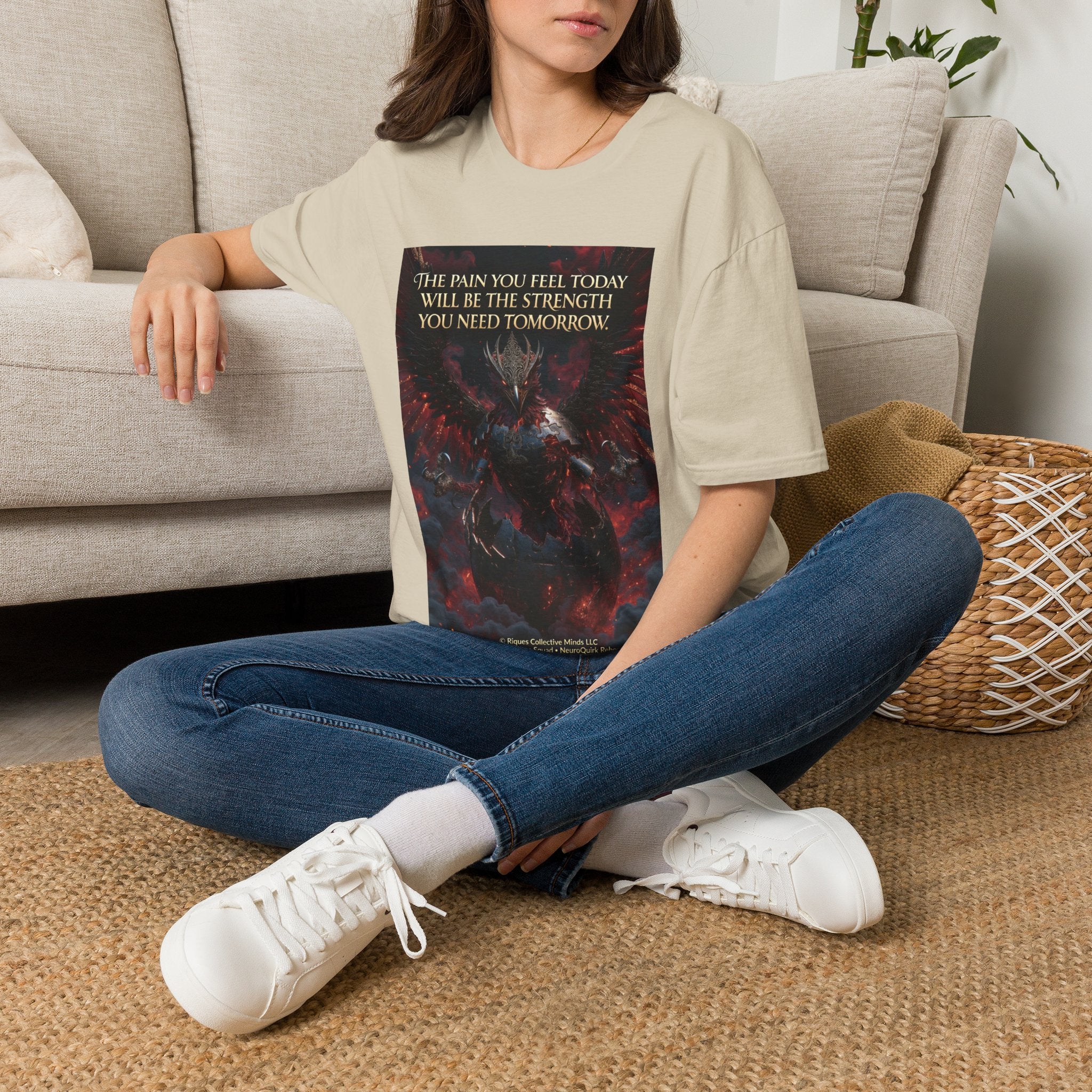 Phoenix Rising T‑Shirt — Fiery Angelic Illustration with Inspirational Text
