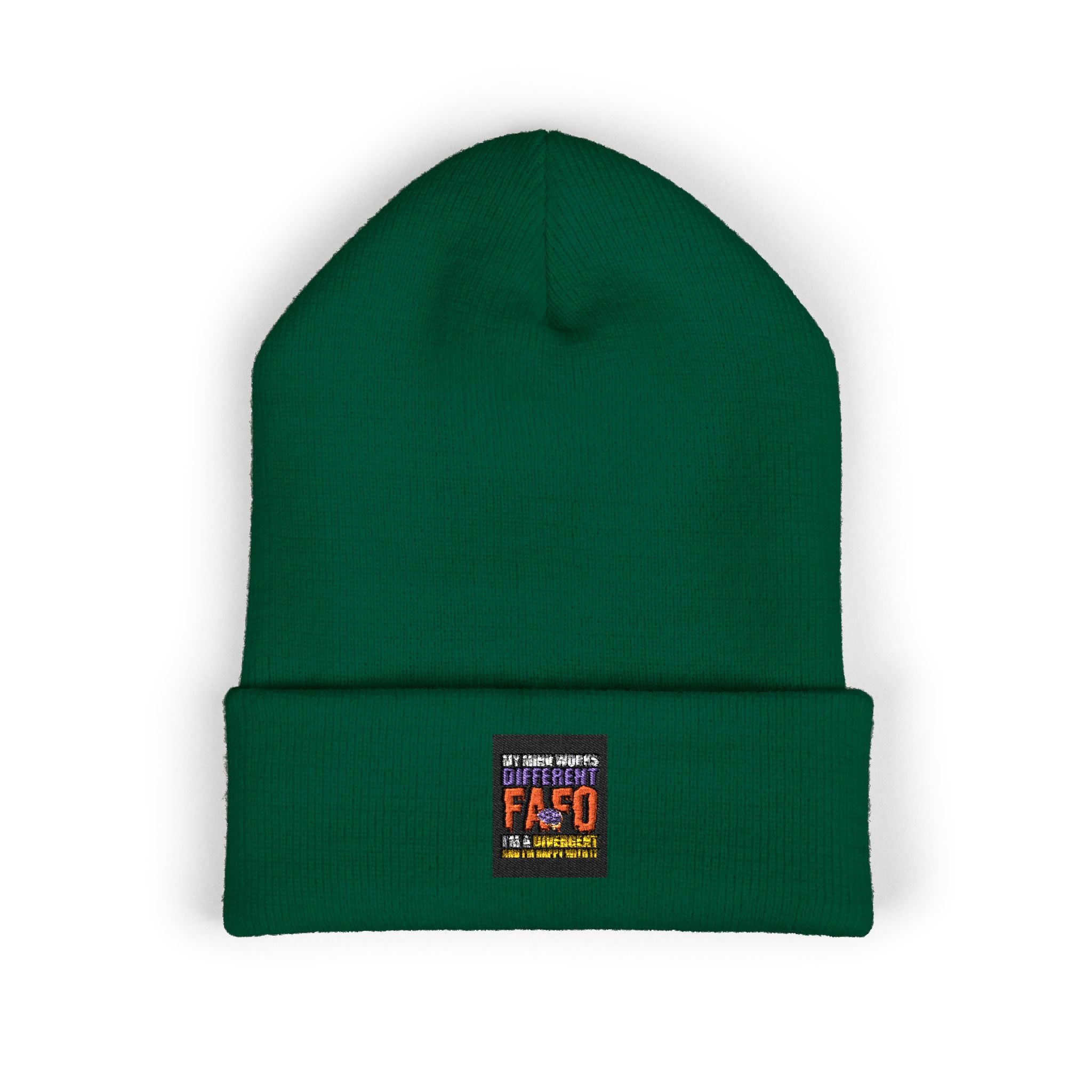 Embroidered Classic Cuffed Beanie — Minimal Black Patch Design