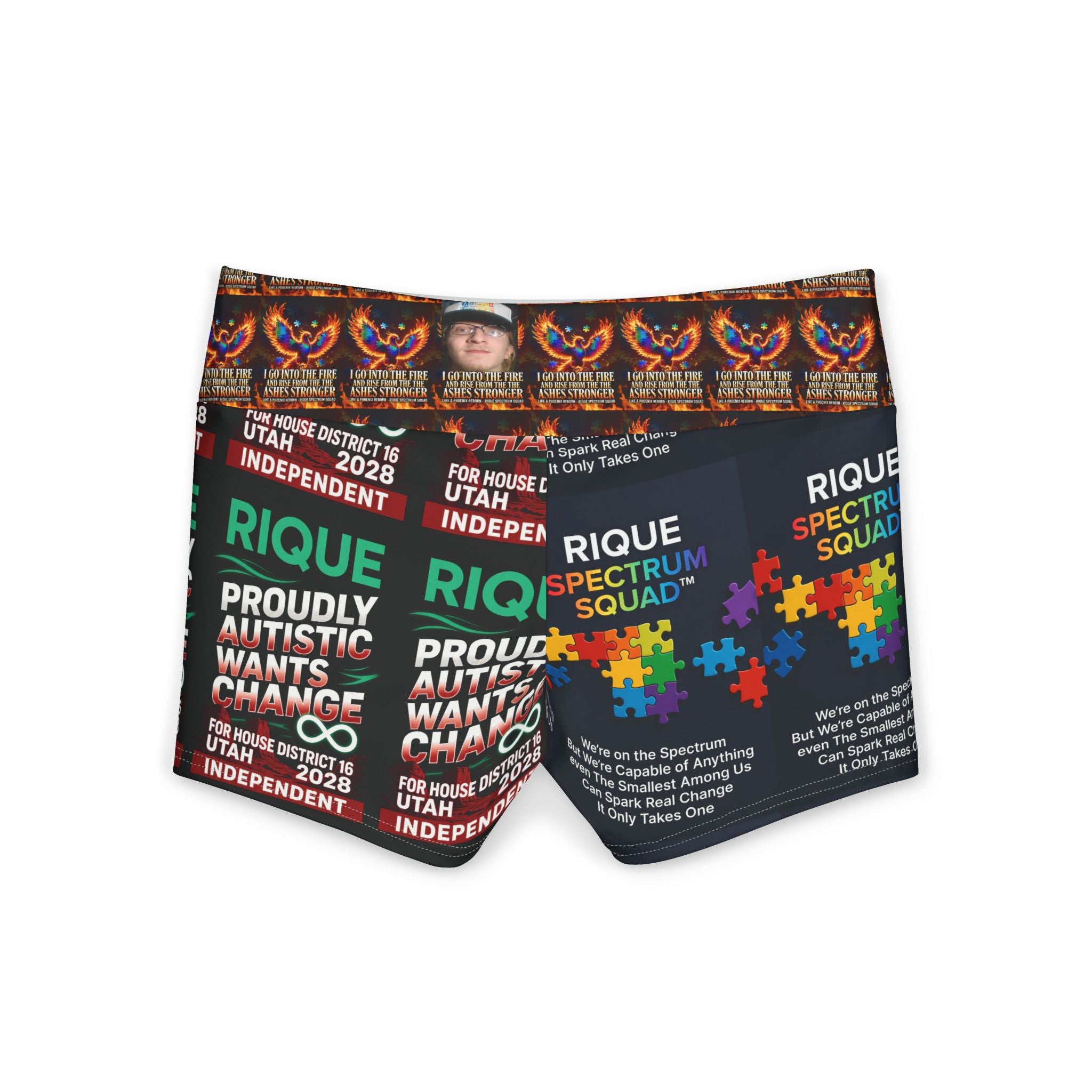 Autism Pride Yoga Shorts — "Proudly Autistic Wants Change" All-Over Print