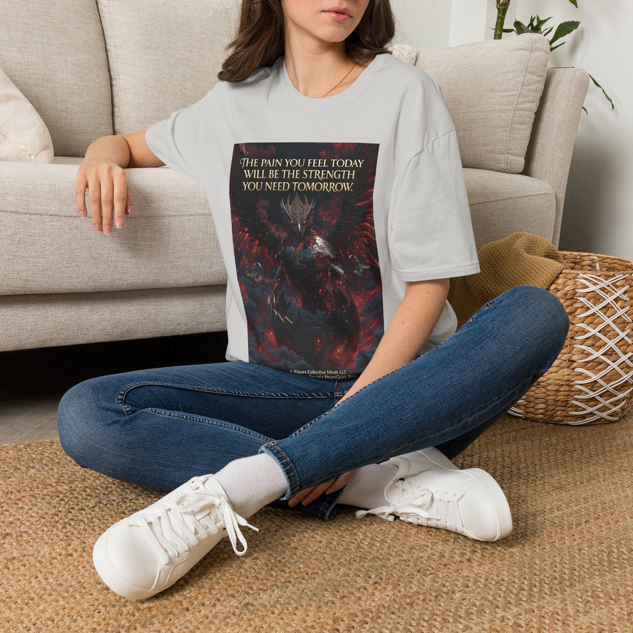 Phoenix Rising T‑Shirt — Fiery Angelic Illustration with Inspirational Text