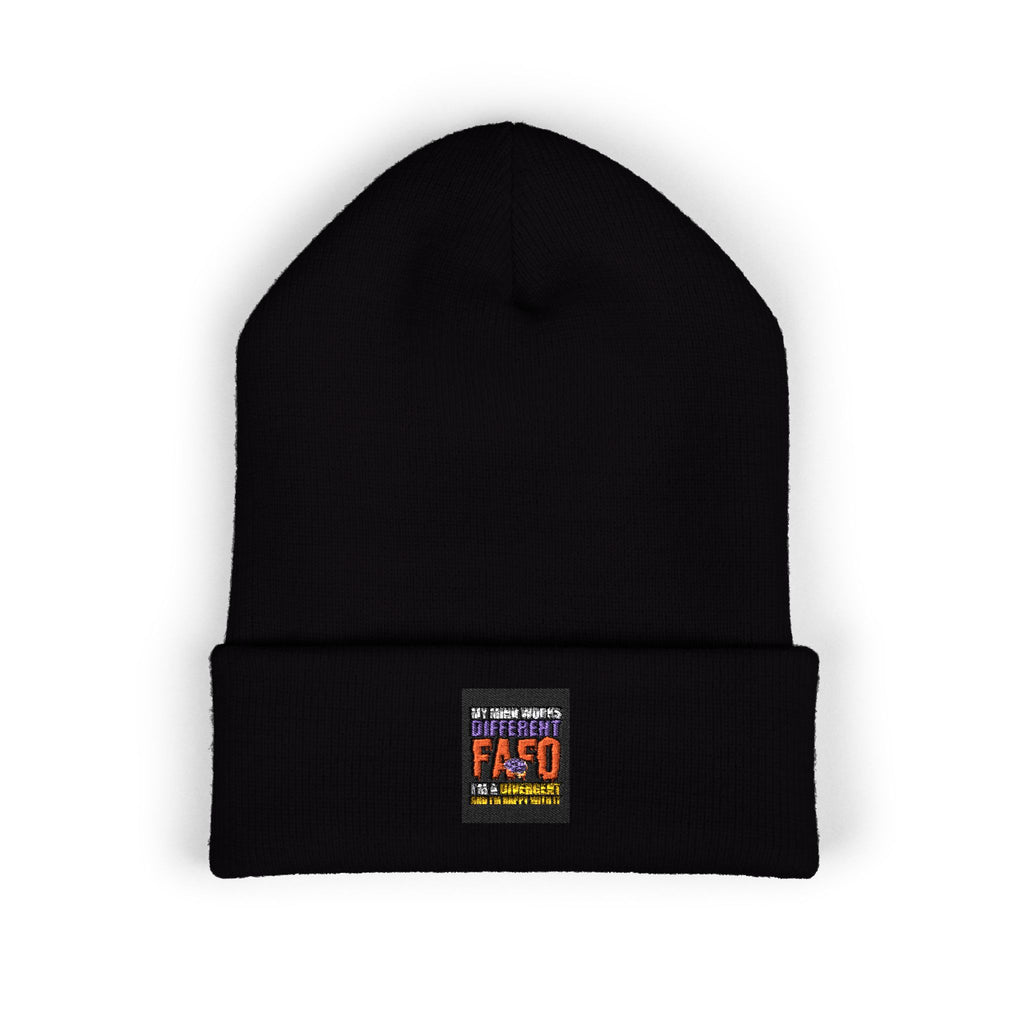 Embroidered Classic Cuffed Beanie — Minimal Black Patch Design