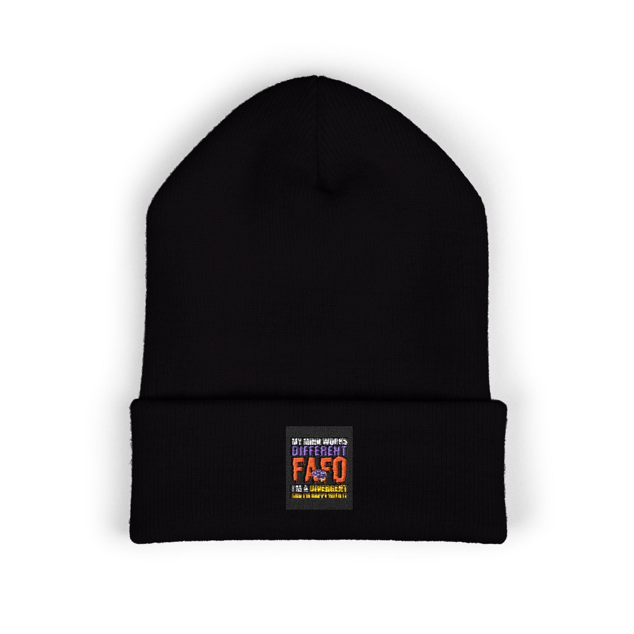 Embroidered Classic Cuffed Beanie — Minimal Black Patch Design