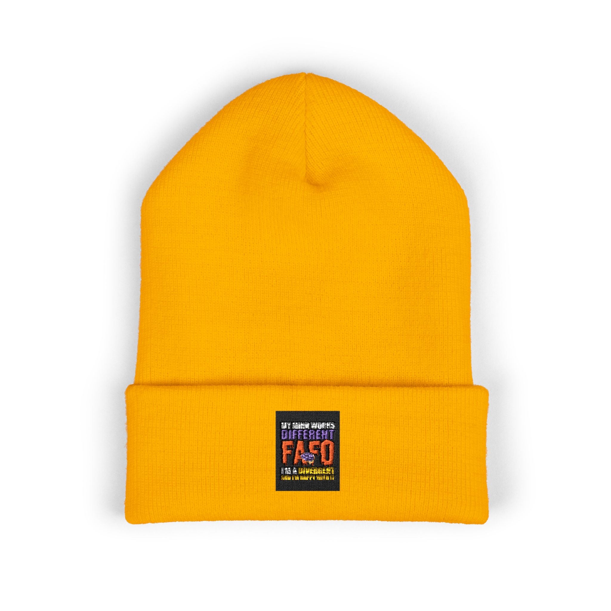 Embroidered Classic Cuffed Beanie — Minimal Black Patch Design