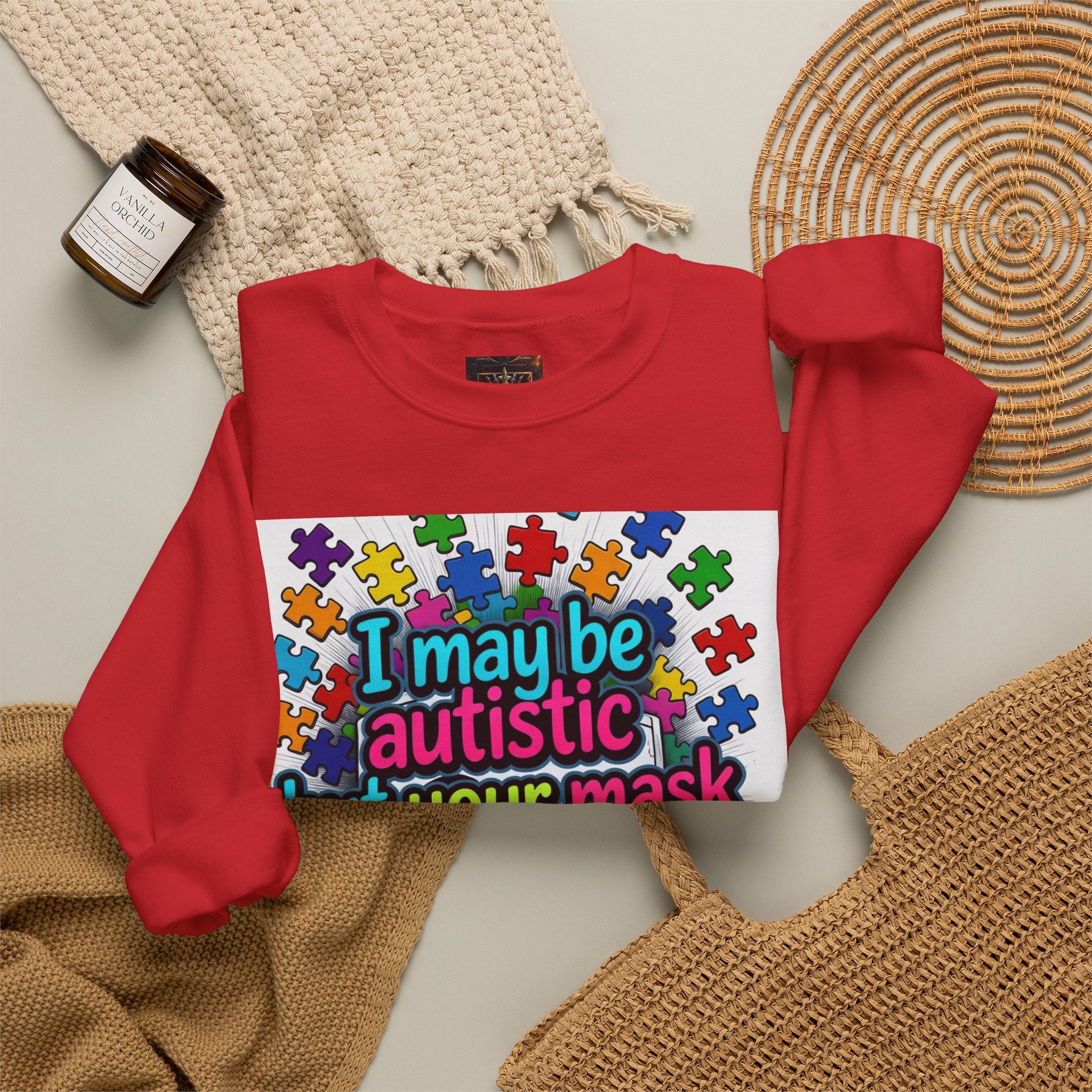 Autistic Pride Crewneck Sweatshirt — "I may be autistic but your mask didn't fool me" Colorful Puzzle Design