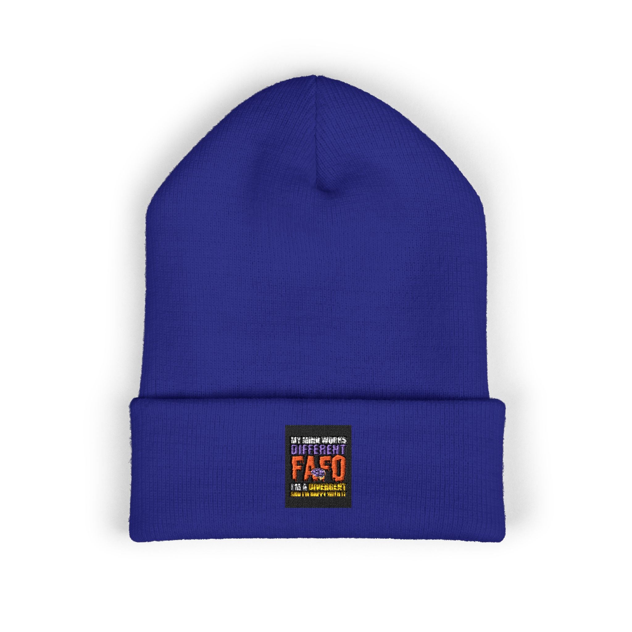 Embroidered Classic Cuffed Beanie — Minimal Black Patch Design