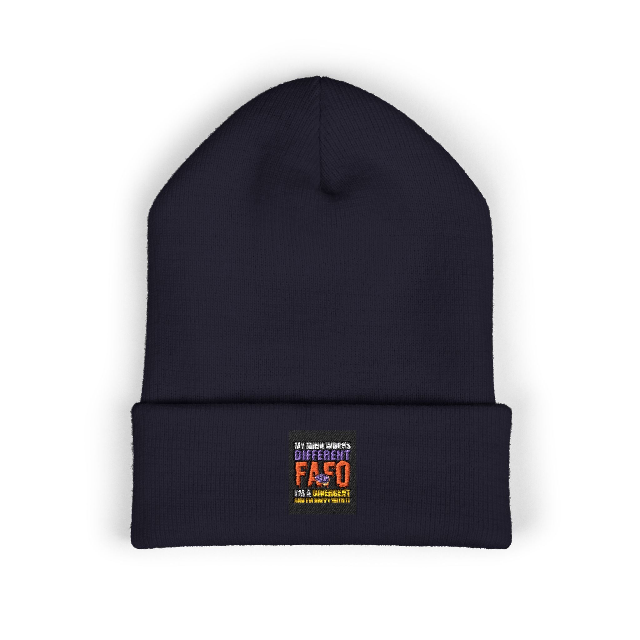 Embroidered Classic Cuffed Beanie — Minimal Black Patch Design