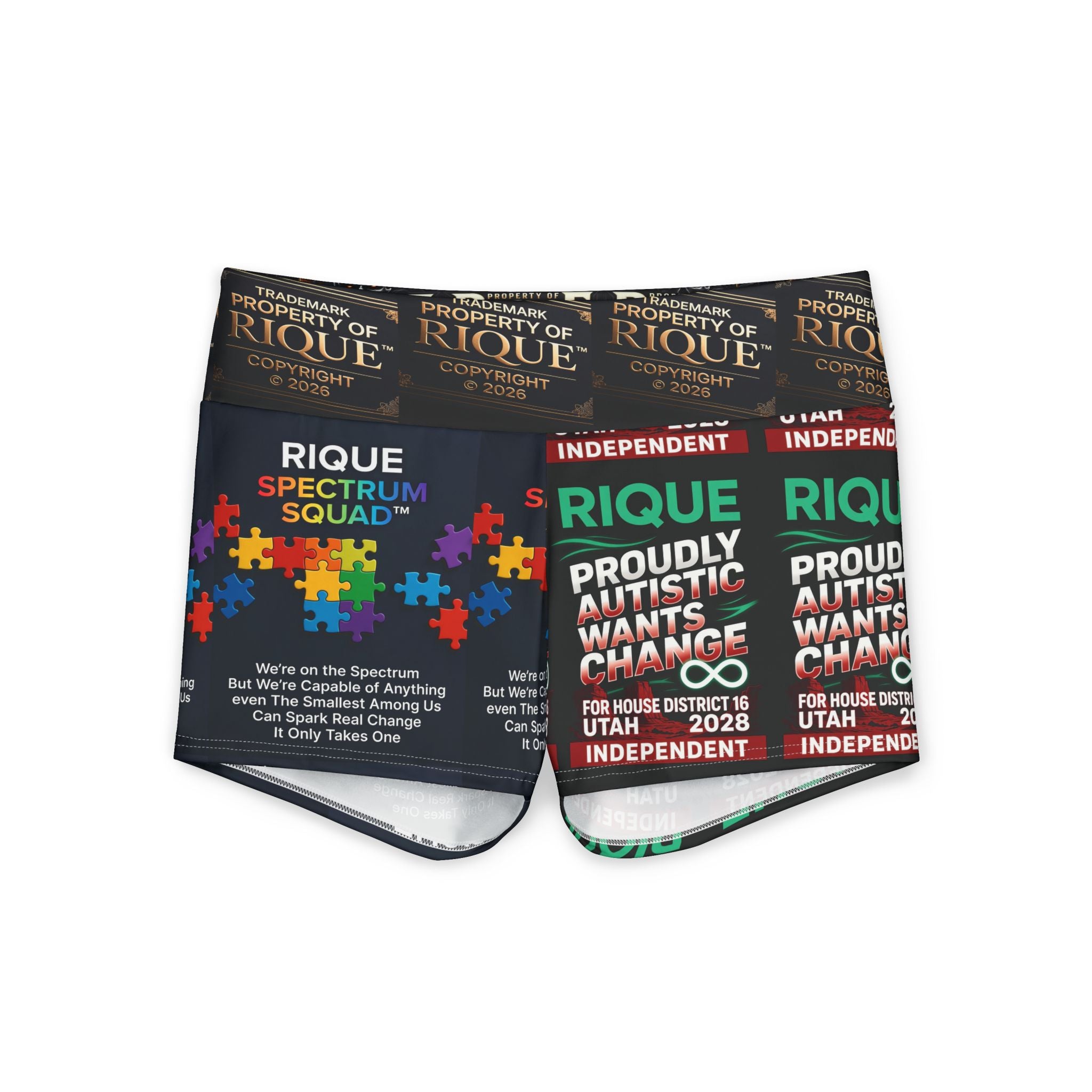 Autism Pride Yoga Shorts — "Proudly Autistic Wants Change" All-Over Print