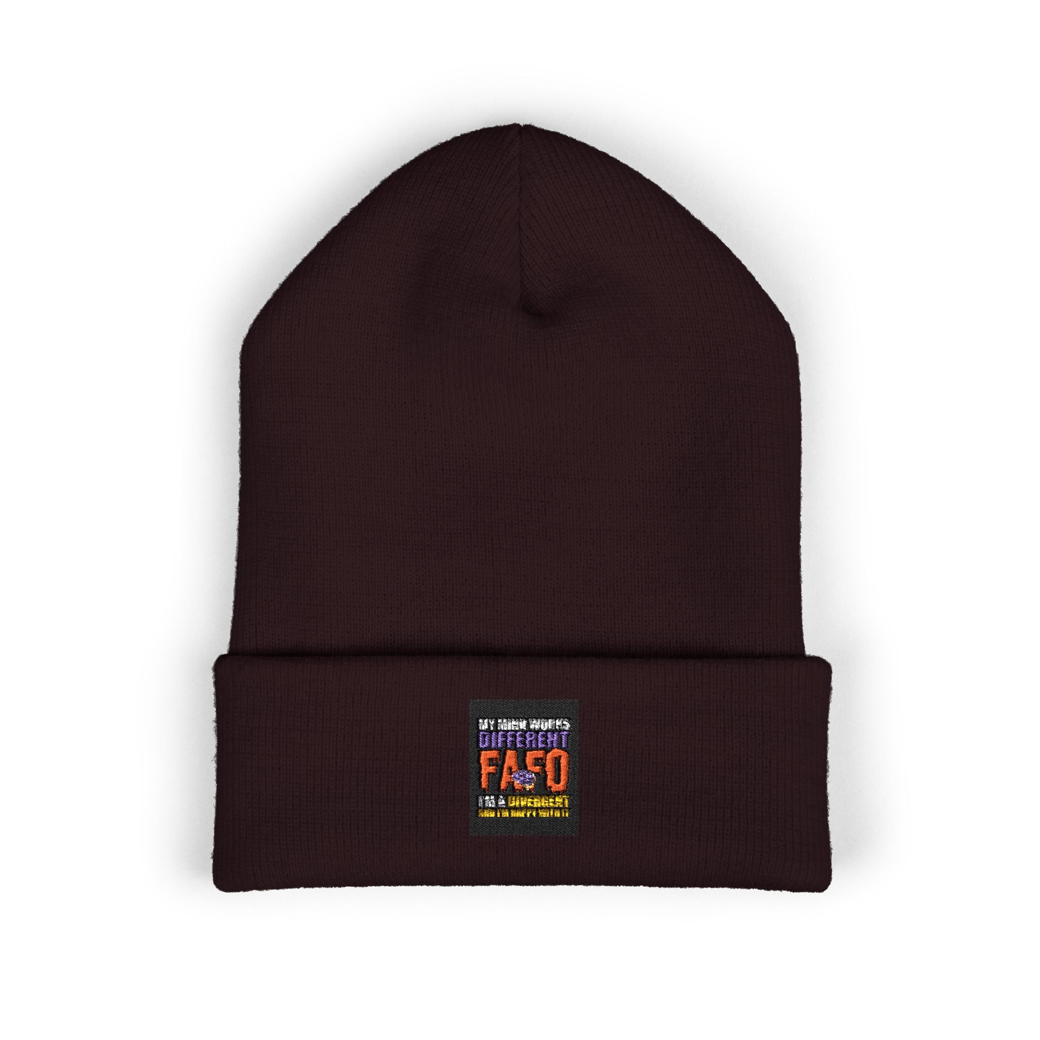 Embroidered Classic Cuffed Beanie — Minimal Black Patch Design