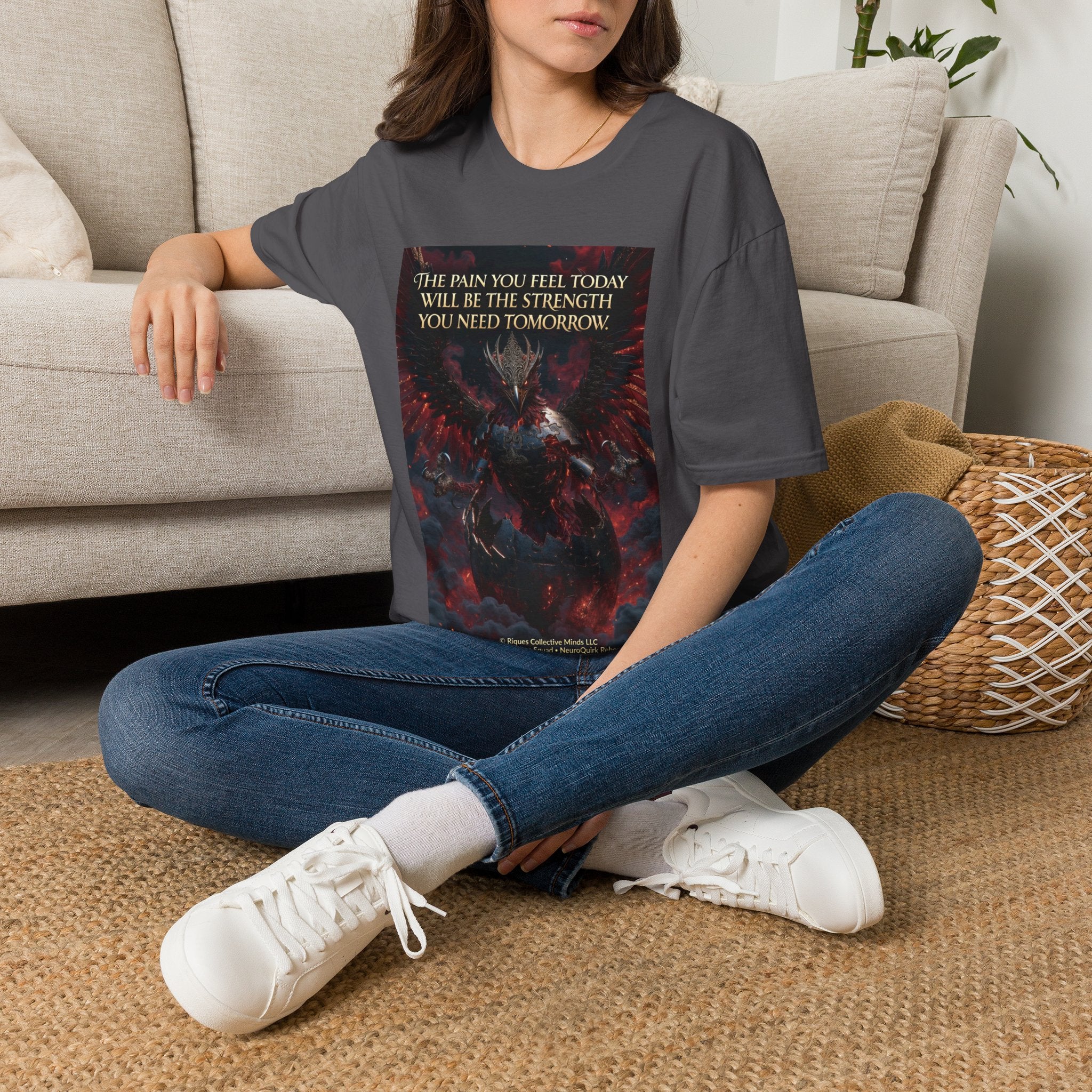 Phoenix Rising T‑Shirt — Fiery Angelic Illustration with Inspirational Text