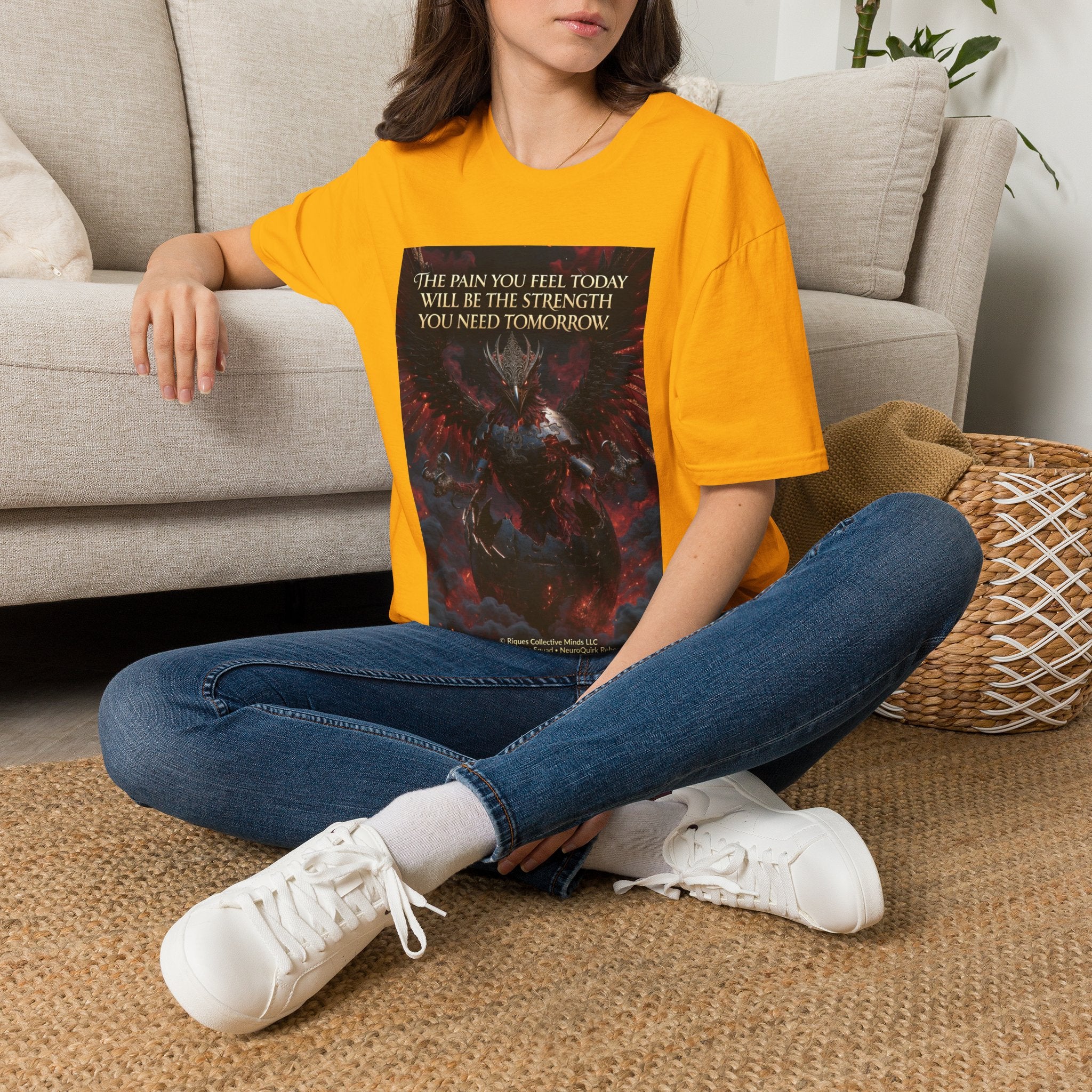 Phoenix Rising T‑Shirt — Fiery Angelic Illustration with Inspirational Text