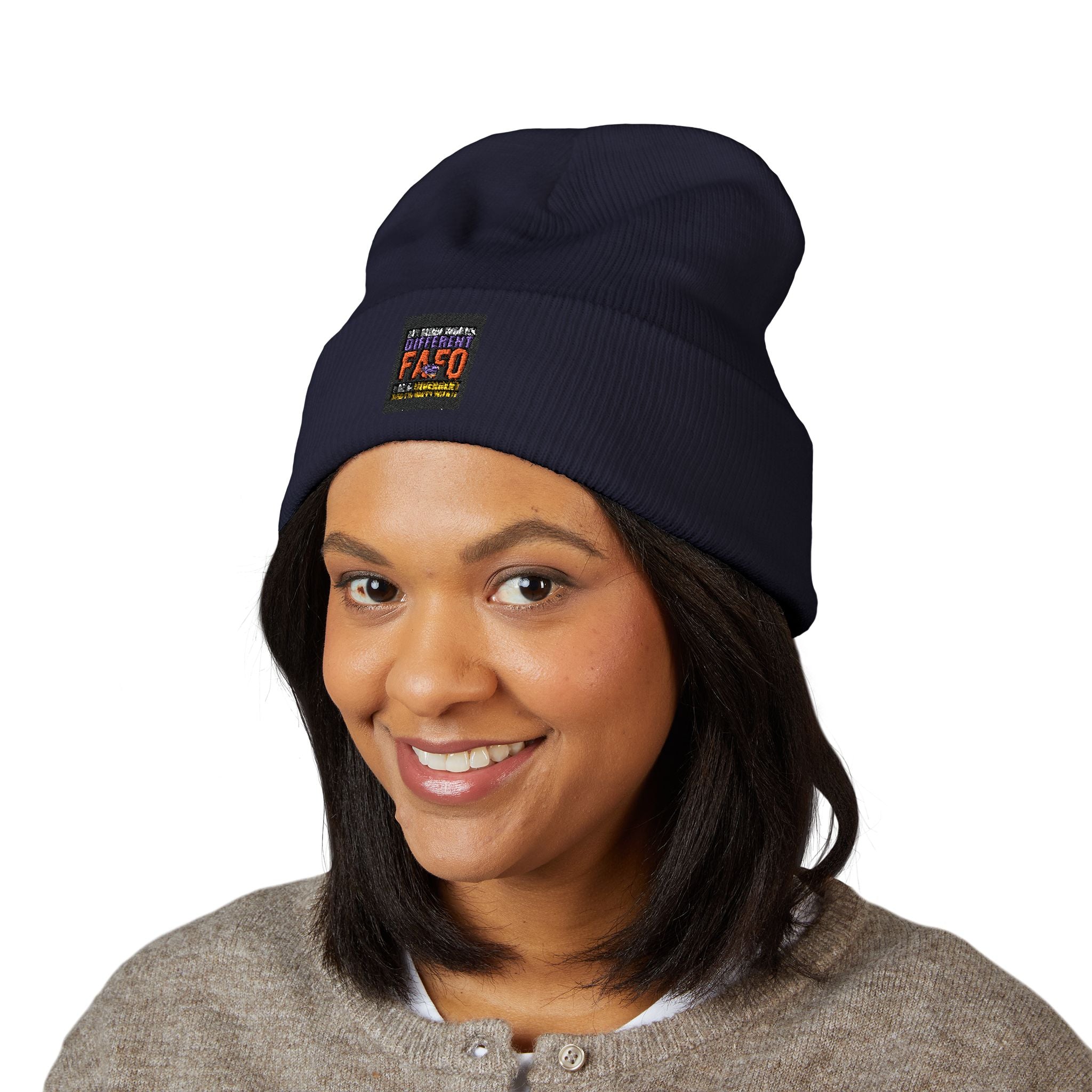 Embroidered Classic Cuffed Beanie — Minimal Black Patch Design