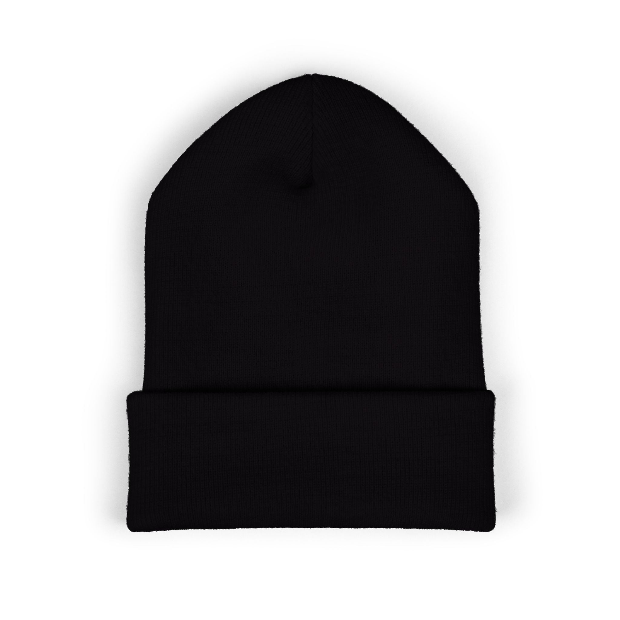 Embroidered Classic Cuffed Beanie — Minimal Black Patch Design