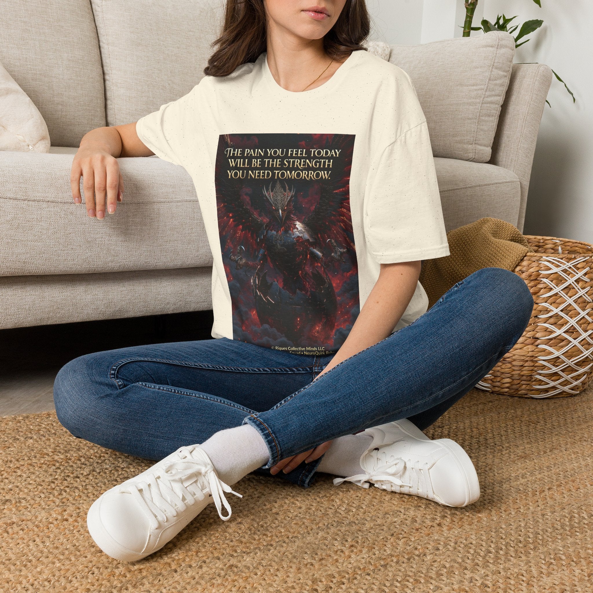 Phoenix Rising T‑Shirt — Fiery Angelic Illustration with Inspirational Text