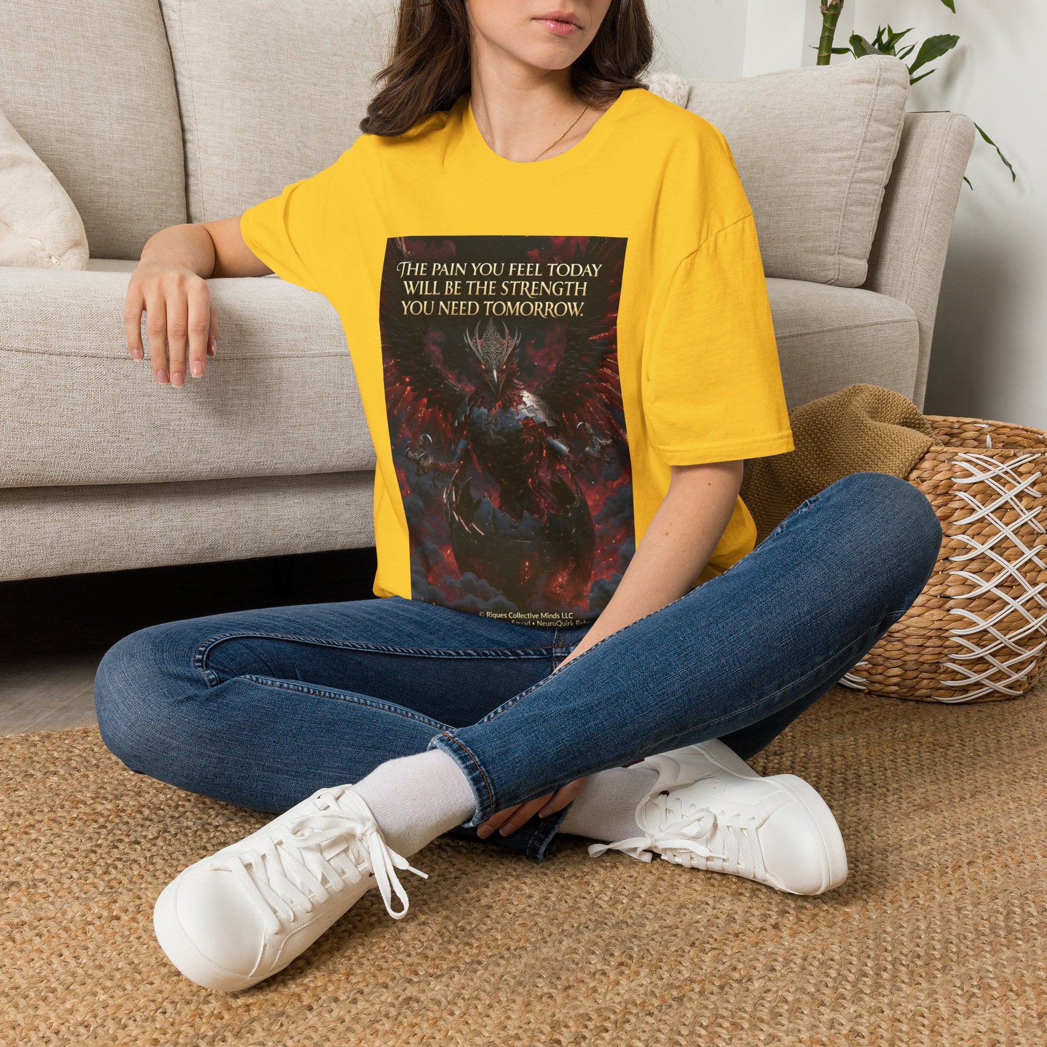 Phoenix Rising T‑Shirt — Fiery Angelic Illustration with Inspirational Text