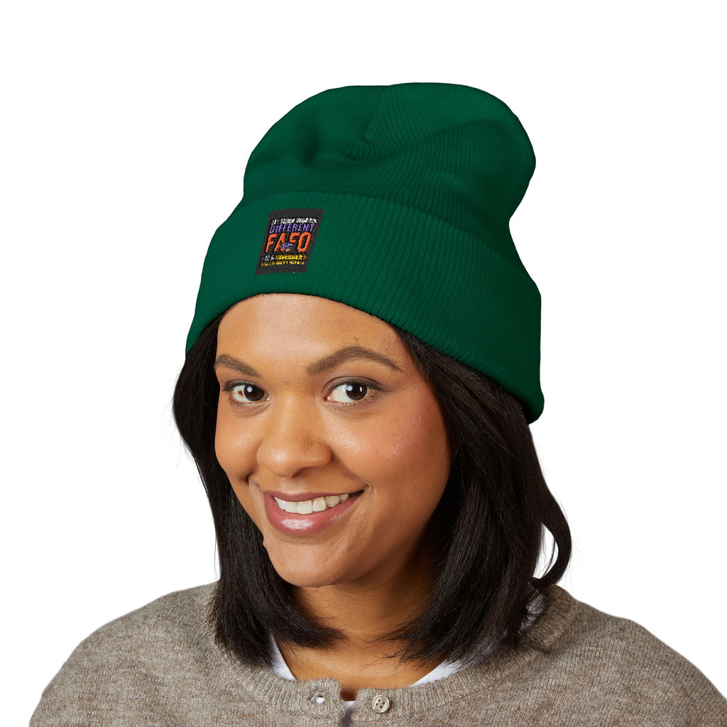 Embroidered Classic Cuffed Beanie — Minimal Black Patch Design