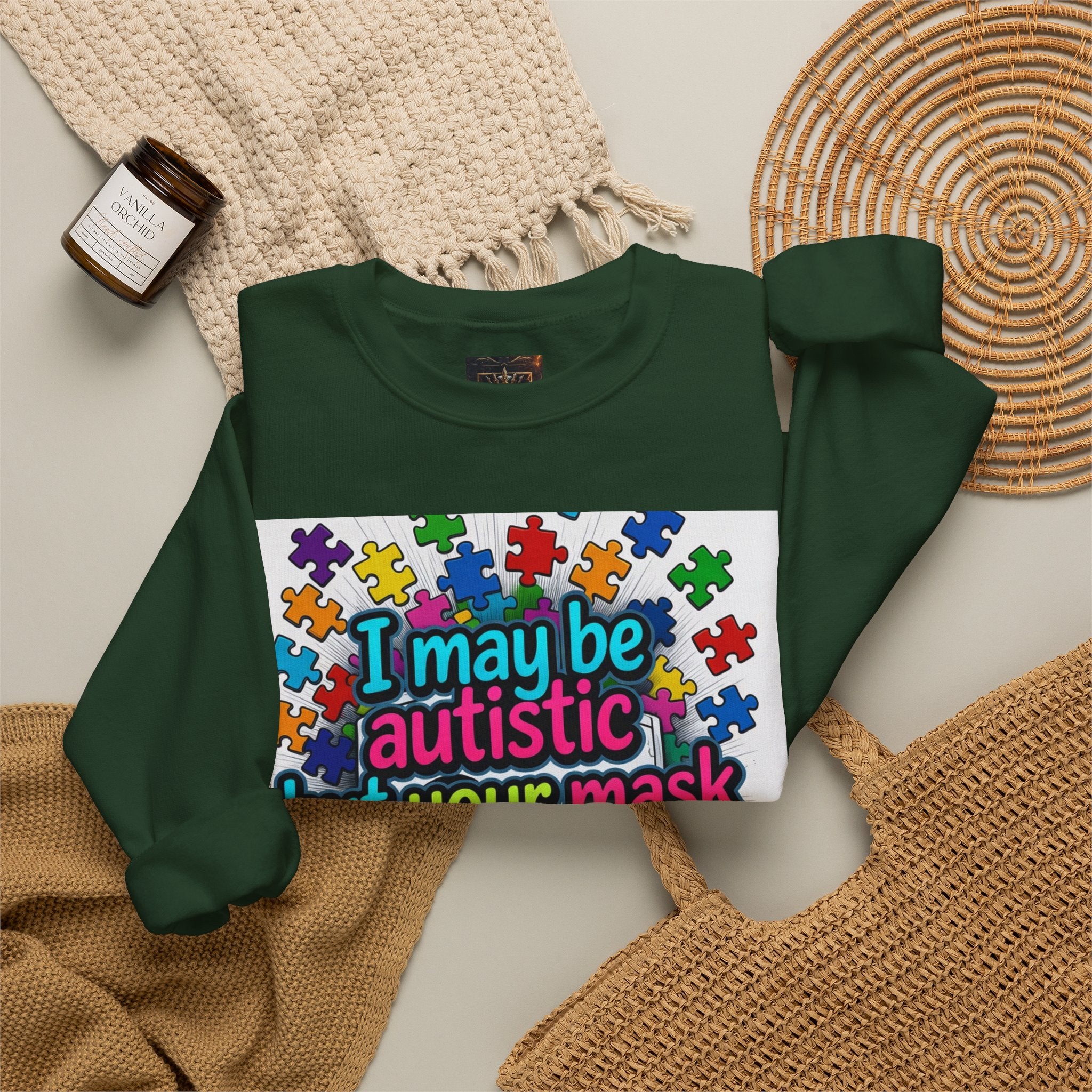 Autistic Pride Crewneck Sweatshirt — "I may be autistic but your mask didn't fool me" Colorful Puzzle Design